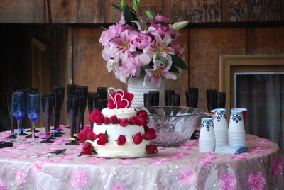 Wedding cake and bouquet.